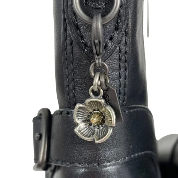 COACH Black Leather Moto Booties Turnlock Buckles Stacked Heels Womens 5B - NWOB - Picture 6 of 8
